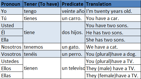 Forms Of Tener In Spanish Chart
